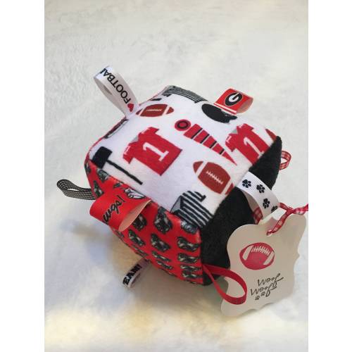 University of Georgia Bulldogs Football Sensory Plush Minky Baby Block with Ribbons and Bells 5&quot; Baby Shower Toy Gift