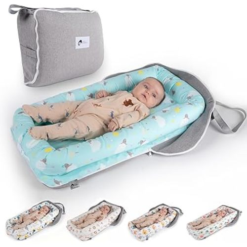 Joyful Journeys Baby Lounger - 2 in 1 Infant Lounger Baby Nest/Diaper Organizer - 100% Cotton Lounger Pillow - Portable Baby Lounger Travel Bed - Newborn Essential - 0-18 Months (Blue Lambs)