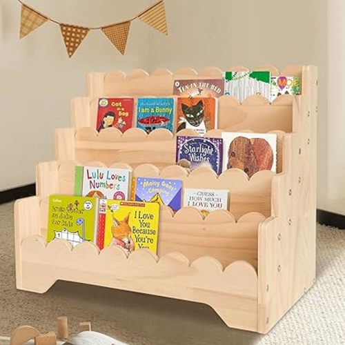 5 Tier Small Wooden Scalloped Shelf for Toddler 1-5 Years, Kids Scalloped Bookshelf Children Montessori Bookshelf, Durable Baby Toddler Bookcase Scalloped for Nursery Playroom, 16.9*11.4*15.7"