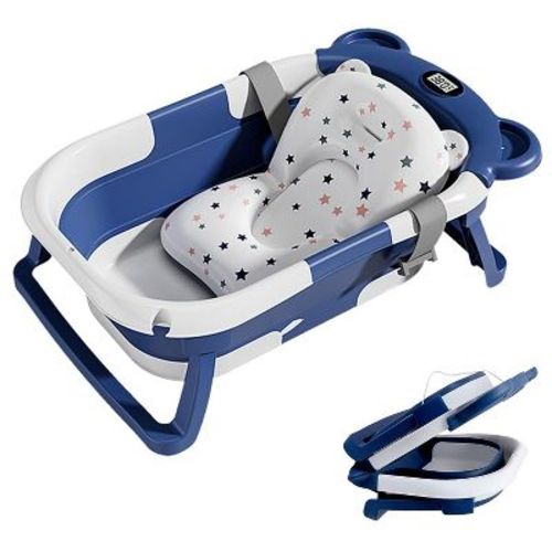 Babybond Collapsible Baby Bathtub For Infants And Toddlers With Thermometer& 1 Soft Floating Cushion Portable Travel Baby Tub,blue
