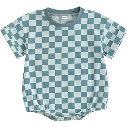 Karuedoo Newborn Baby Boy Girl Clothes Checkered T-Shirt Bubble Romper Oversized Short Sleeve Onesie One-Piece Summer Outfit