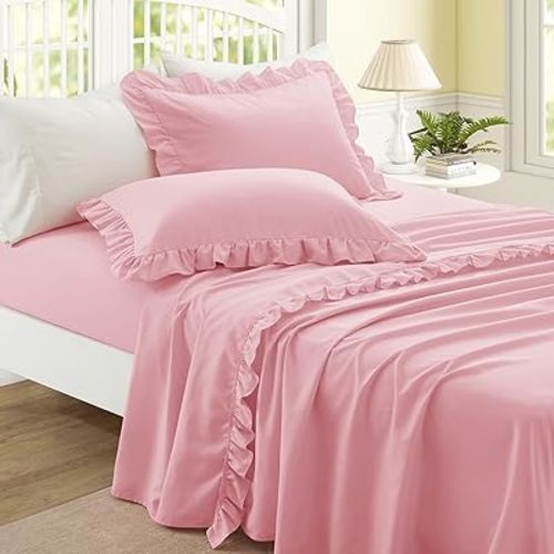 4 Pieces Ruffle Full Sheet Set, Light Pink Bed Sheets Full Size, Microfiber Coquette Pink Sheets with 16 Inch Deep Pocket Fitted Sheet, 1 Ruffled Flat Sheet & 2 Ruffled Pillow Shams