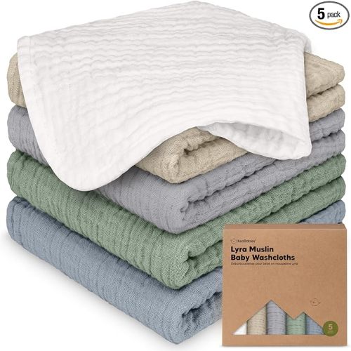 5-Pack Muslin Baby Washcloths for Newborn – 12x12 Soft Absorbent Organic Cotton Muslin Wash Cloths for Babies Girl, Boy, Infant, Toddlers, Kids Face Towel, Bath Essentials, Baby Burp Rags (Slate)