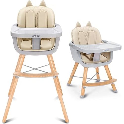 4-in-1 Baby High Chair, Convertible Easy-to-Clean Wooden Highchair for Infant, Kids& Children, 3 Position Tray, Leatherette Seat, Modern and Compact Design, Beige