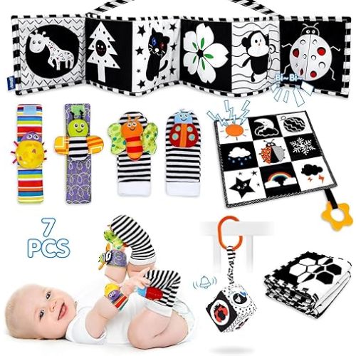 7 Pcs Black & White High Contrast Baby Toys for Newborns - Montessori Tummy Time & Sensory Toys, Soft Book for 0-3, 3-6, 6-12 Months Boys & Girls