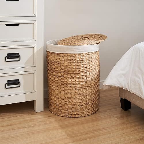Round Woven Wicker Laundry Hamper with Lid - Large Water Hyacinth Storage Wicker (Natural Brown, 15x15x20 in)