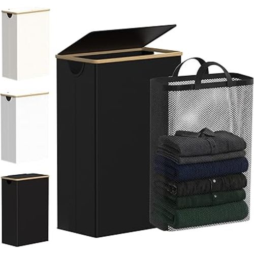 efluky Slim Laundry Basket with Lid, Narrow Laundry Hamper with Removable Bag, Skinny Dirty Clothes Basket with Bamboo Handles for Bathroom, Bedroom & Laundry Room, 75L Black