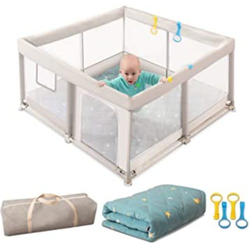 Baby Playpen with Mat, Baby Playyard with Mat 2.2lb Thicker Cotton Play Mat, Easy to Install Playyard with Mat, Sturdy Playpen with 0.2IN Protection Cover, Storage Bag,4 Pull Rings Grey