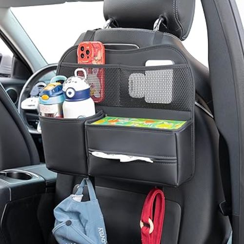 Leather Multifunctional Car Back Seat Storage Organizer with Large HeadRest Tissue Holder, Water Bottle/Cup Holder, Hooks & Phone Pocket, Kleenex Holder fo Auto Seat Back. Black