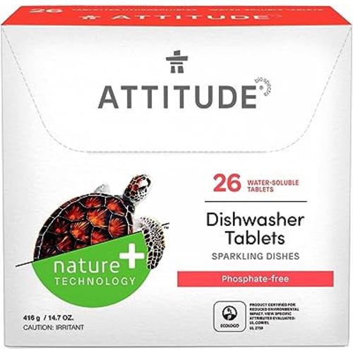 ATTITUDE Dishwasher Pods, Naturally Derived Dishwashing Detergent, Vegan and Plant-Based Dish Soap Tablets, Phosphate Free, Unscented, 26 Count