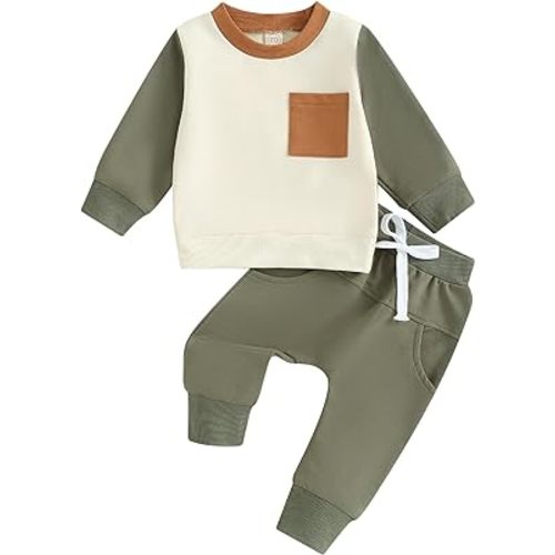 Kaipiclos Toddler Baby Boy Clothes Fall Winter Long Sleeve Sweatshirt Pants 2pc Color Block Cute Baby Boy Outfits Sweatsuit