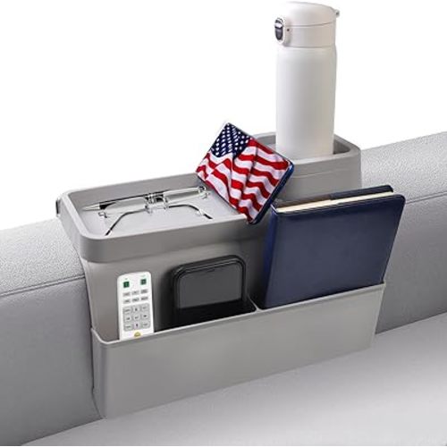 KindGa Couch Cup Holder Tray，Super Large Silicone Sofa Armrest Tray with Side Pockets，Anti-Slip Couch Caddy for Drinks/Phone/Remote/Snacks Sofa Table Organizer，Fathers Day Dad Gifts -Slate Gray