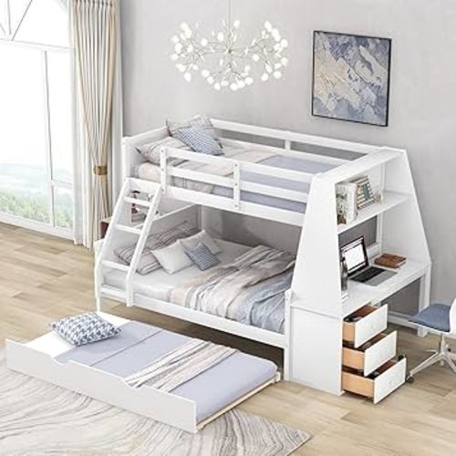 Bellemave Twin Over Full Bunk Bed with Trundle, Built-in Desk, 3 Drawers & Shelf, for Kids/Teens, Space-Saving, White