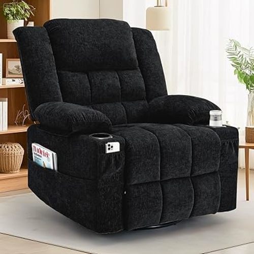 Adult 360° Swivel Rocking Recliner, Nursery Glider Lounger with Massage and Heating, Rocking Chair with Cup Holder, Living Room and Bedroom Manual Chair (Fabric, Blcak)