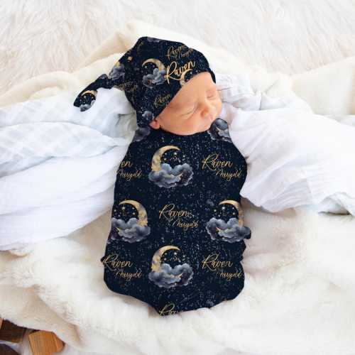 Crescent Moon Swaddle Set, Personalized Moon and Stars Baby Blanket, Moon Swaddle Blanket, New Baby Gift, Celestial Bedding, T64