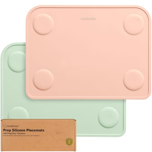KeaBabies 2-Pack Silicone Placemats for Toddlers - Non Slip Suction Baby Silicone Placemat for Kids, Eating/Feeding, Easy to Clean, Busy Travel Baby Mat for Dining Table, Food Grade/BPA-Free (Mellow)