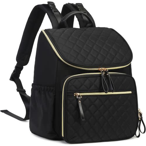 Large Capacity Diaper Bag with Stroller Buckle, Water-Resistant Travel Backpack with Insulated Pockets (Nylon, Black-Gold)