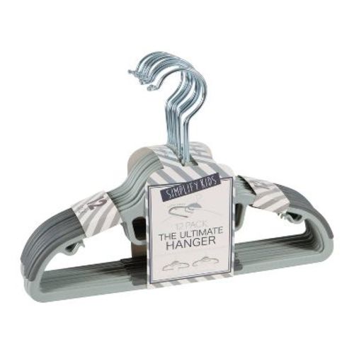 Simplify 12pk Kids' Razor Thin S-Shape Suit and Shirt Hanger with Tie Bar Gray: Metal, TPR, ABS, Multipurpose, 12ct