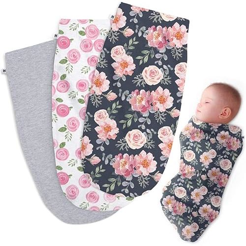 Henry Hunter Baby Swaddle Sack | The Simple Swaddle | Soft Stretchy Cotton Swaddles for Newborns | Baby Swaddles 0-3 Months, Swaddle Blankets Baby Girl, Pack of 3, Garden | Rose | Light Heather