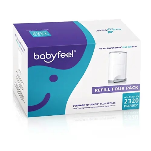 Babyfeel Refills Compatible with Dekor Plus Diaper Pails | 4 Pack | Exclusive 30% Extra Thickness | Diaper Pail Refills with Powerful Odor Elimination | Fresh Powder Scent | Holds up to 2320 Diapers