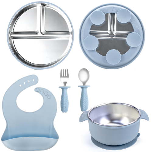 Stainless Steel Toddler Plates & Bowls Set with Silicone | 6-Piece Baby Feeding Essentials BPA-Free Durable Divided Suction Plate, Bowls, Cups, Bibs, Spoon & Fork for 6+ Months Dishwasher Safe