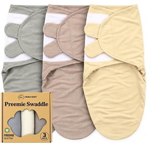 Preemie Swaddle Blanket 3-Pack, GOTS Certified Organic Cotton, Adjustable Hook-and-Loop Swaddle Sack for NICU & Newborn Babies, Soft Breathable Wrap, Reduces Startle Reflex, Up to 7 lbs