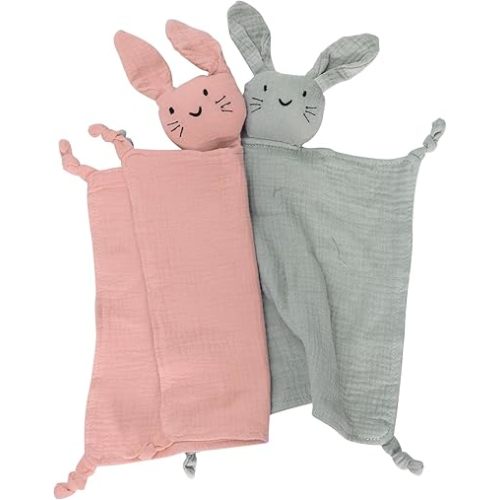 Organic Cotton Muslin Bunny Lovey Blanket, Soft & Breathable Security Blanket for Newborns, Unique Baby Gifts for Boys and Girls, 2 Pcs Set (Pink&Green)