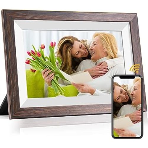 WiFi Digital Picture Frame 10.1 Inch Smart Digital Photo Frame with IPS Touch Screen HD Display, 16GB Storage Easy Setup to Share Photos or Videos Anywhere via Free Frameo APP (Brown Wood Frame)