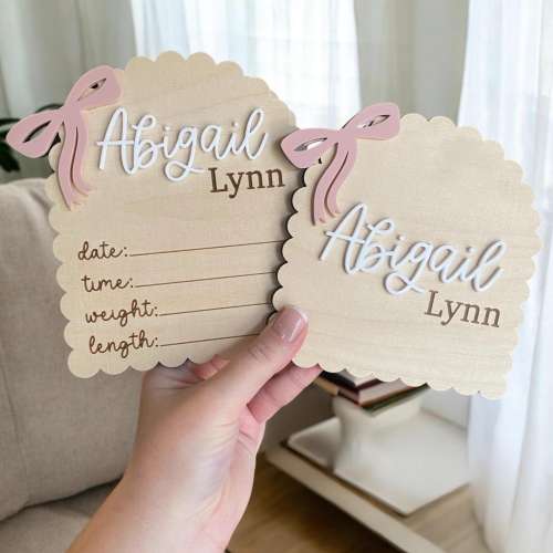 Baby Name Sign, Birth Stats Sign, Bow Name Sign, Coquette Name Sign, Newborn Photo Prop, Hospital Birth Sign, She's Here Sign