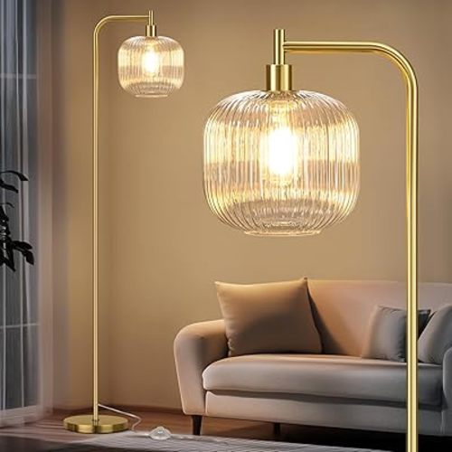 QiMH Glass Floor Lamp for Living Room, Modern Standing Lamp with Ribbed Clear Glass Lampshade Pedal Switch, 67” Tall Lamp for Bedroom Study Room, Brushed Gold (2700K LED Bulb Included)
