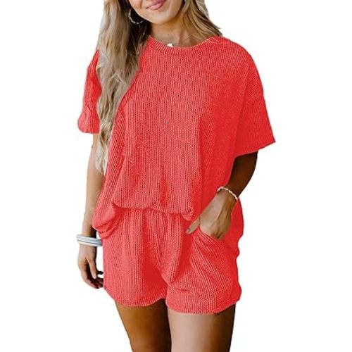SHEWIN Two 2 Piece Sets for Women Short Sleeve Shirts High Waisted Shorts with Pockets Pajamas Lounge Matching Set