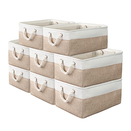 SAMORADREA 8 Pack Storage Basket Bins - Decorative Baskets Bulk Storage Box Cubes Containers with Handles for Clothes Storage Bathroom, Garage, Books, Home, Office, 13.7L x 9.8W x 6.7H (White&beige)