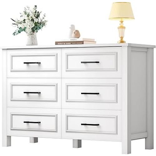 DWVO Farmhouse Wooden Dresser TV Stand with Power Outlet, 6-Drawer Dresser with Large Storage Drawers and Bar Handles, Ideal for Living Room, Hallway, 47.2" x 15.7" x 33.4" - White