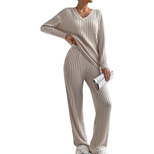 SHEWIN Women's Pajama Sets Long Sleeve 2 Piece Lounge Sets Ribbed Knit Sweater Sleepwear