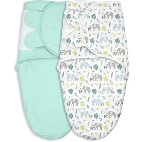 Baby Swaddles for Newborn Organic Cotton,Soft & Snug Newborn Velcro Swaddle 0-3 Months Sleep Sack Helps Calm Startle Reflex, 2-Pack Wrap Nursery Swaddling Blankets Sage Elephant