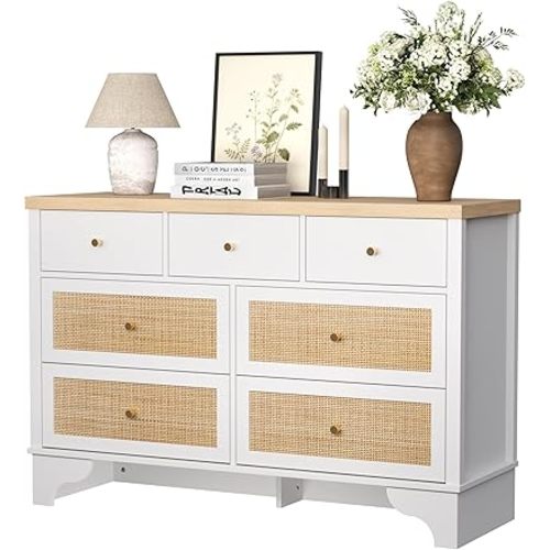 IDEALHOUSE 7 Drawer Dresser for Bedroom, 47.3" Wide Natural Rattan Chest of Drawers, Wood Boho Clothing Storage Organizer, Dresser TV Stand Cabinet for Living Room, White