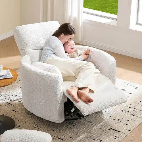 Jocisland Power Recliner Nursery Chair for Adults, Electric Swivel Rocking Glider with USB & Type-C Charge, Teddy Sherpa Armchair with 2 Pillows, Cozy Reclining Sofa for Living Room, Bedroom, White
