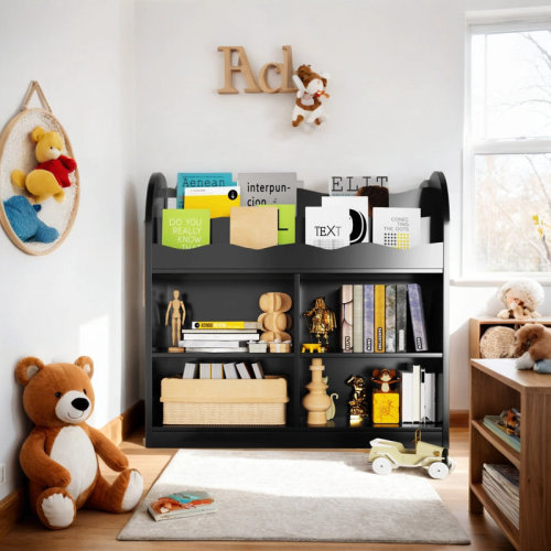 Harriet Bee Black Kids Bookshelf, Toy Storage Organizer With Book Rack And 4 Storage Cubbies, Wooden Kids Bookcase, Toy Organizers And Storage For Nursery, Playroom | Wayfair