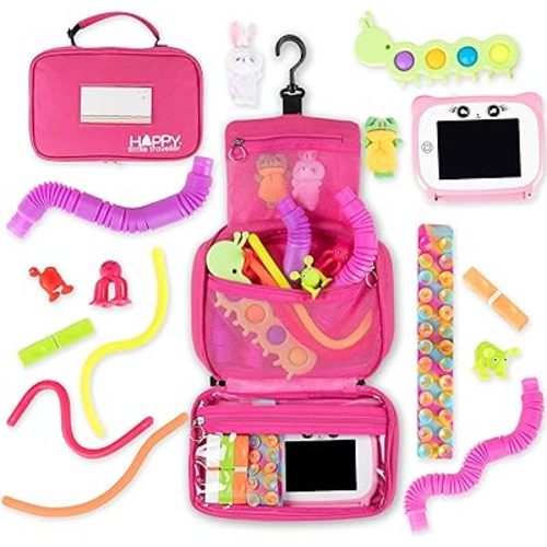 Travel Essentials for Kids – All-in-One Activity Kit for Travel, Road Trip Activities for Kids - Hanging Bag, Includes Toys and Activities for Airplanes, Hotels - Boys & Girls 1-3 Years (Pink)
