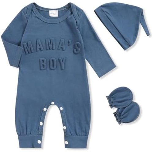 GRNSHTS Newborn Baby Boy Romper Coming Home Outfits Letter Print Bodysuit Jumpsuit+Hat+Gloves 3PCS Clothes Set