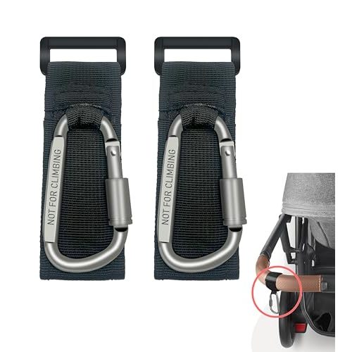 [2024 Upgrade]2 Pcs Baby Stroller Hook with Locking Mechanism, Carry 30 lbs per Stroller Carabiner Clip, Adjustable Baby Stroller & Car Seat Hook for Hanging Diaper Bag, Golf, Shopping and Pet Cart
