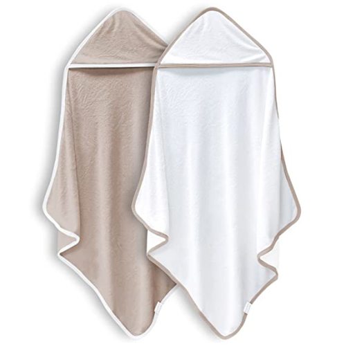BAMBOO QUEEN 2 Pack Baby Bath Towel - Rayon made from bamboo, Ultra Soft Hooded Towels for Babies,Toddler,Infant - Newborn Essential -Perfect Baby Registry Gifts (White and Brown, 30 x 30 Inch) - 30x30 Inch (Pack of 2)