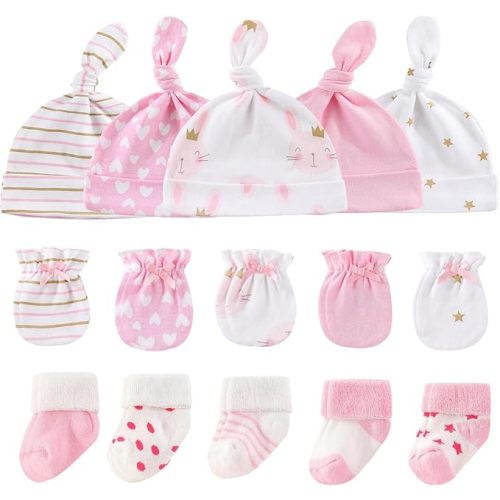 Ruliby Baby Girl Hats Mittens and Socks Set Cotton Newborn Hat Beanie Soft Infant Girls Caps Gloves 0-6 month