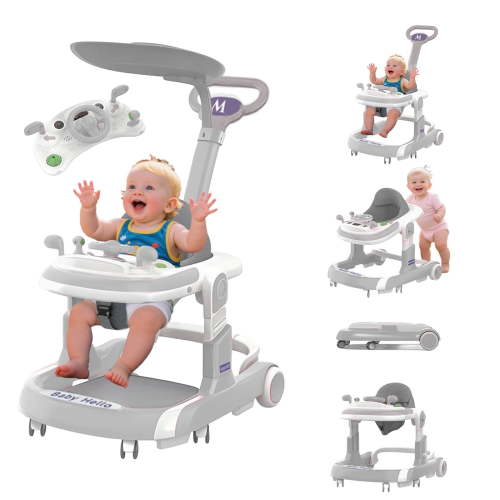 PUEDO 5-in-1 Foldable Baby Walker with Foot Pads/Handles for Boys and Girls 6-36 Months,Gray