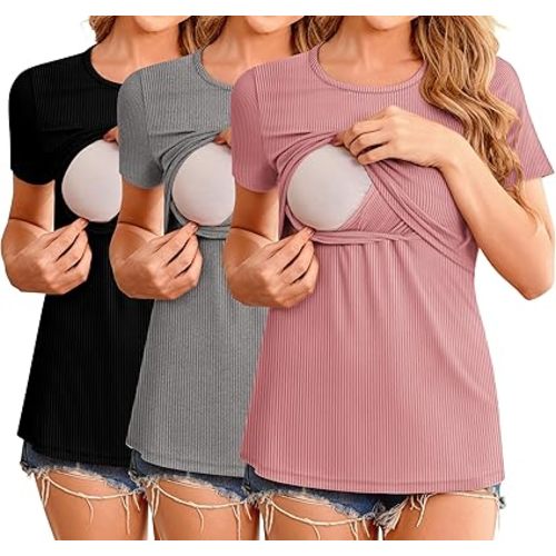 Ekouaer Womens Nursing Tops 3 Pack Short Sleeve Ribbed Breastfeeding Shirts Double Layer Maternity Shirt Pregnancy Clothes