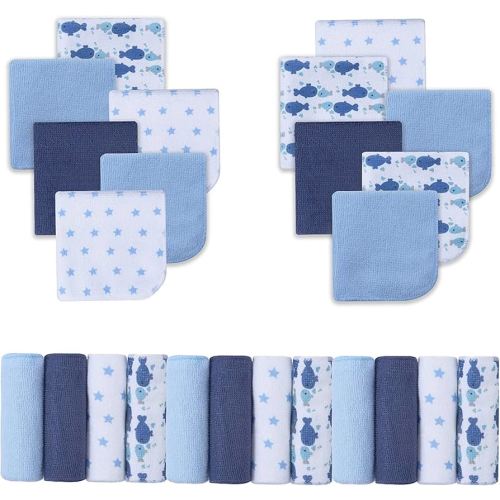 Viviland Baby Washcloths, Super Soft Baby Bath Towels for Newborn 24 Pack, Absorbent Face & Body Wash Cloth for Baby Boy, Whale Bro Pattern, 9 x 9 inch