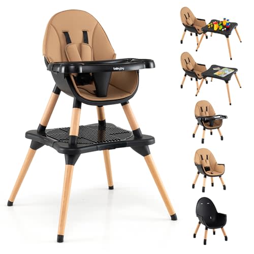 BABY JOY 6 in 1 High Chair, Convertible High Chairs for Babies and Toddlers/Booster Seat/Table and Chair Set, Infant Wooden Highchair w/ 5-Point Harness, 4-Position Removable Tray & PU Cushion, Coffee