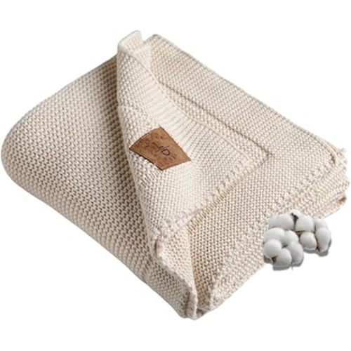 100% Organic Cotton Baby Knitted Blanket with Gift Box - Soft Toddler, Crib, Stroller Blanket - Neutral Swaddle and Receiving Blanket for Newborns, 30"x40", Beige
