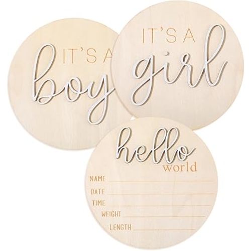 3PCS Gender Reveal Wooden Sign, It's a Boy It's a Girl & Hello World Birth Announcement for New Boys and Girls, Birth Announcement for Hospital, He or She Photography Prop, Boho Gender Reveal Decor
