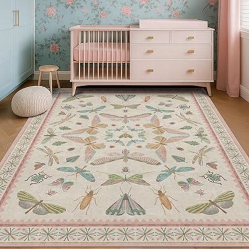 Pink Nursery Rug for Baby, Cute Animal Print 5x7 Area Rugs for Girls Bedroom, Kids Room, Playroom, Whimsical Insect Butterfly Decor, Washable & Ultra Soft & Stain Resistant